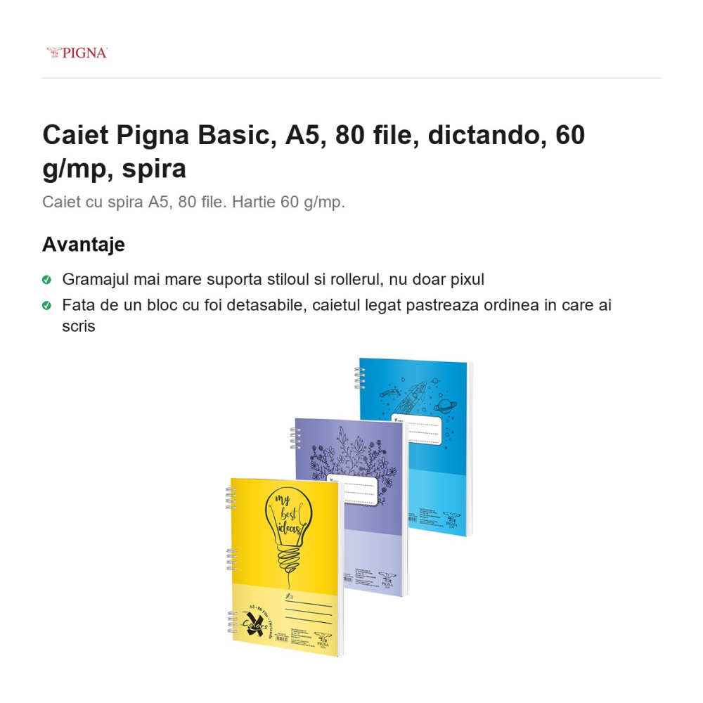 Caiet Pigna Basic, A5, 80 file, dictando, 60 g/mp, spira [2]