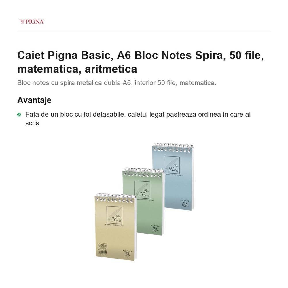 Bloc notes Pigna Basic, A6, 50 file, matematica, spira aritmetica [2]