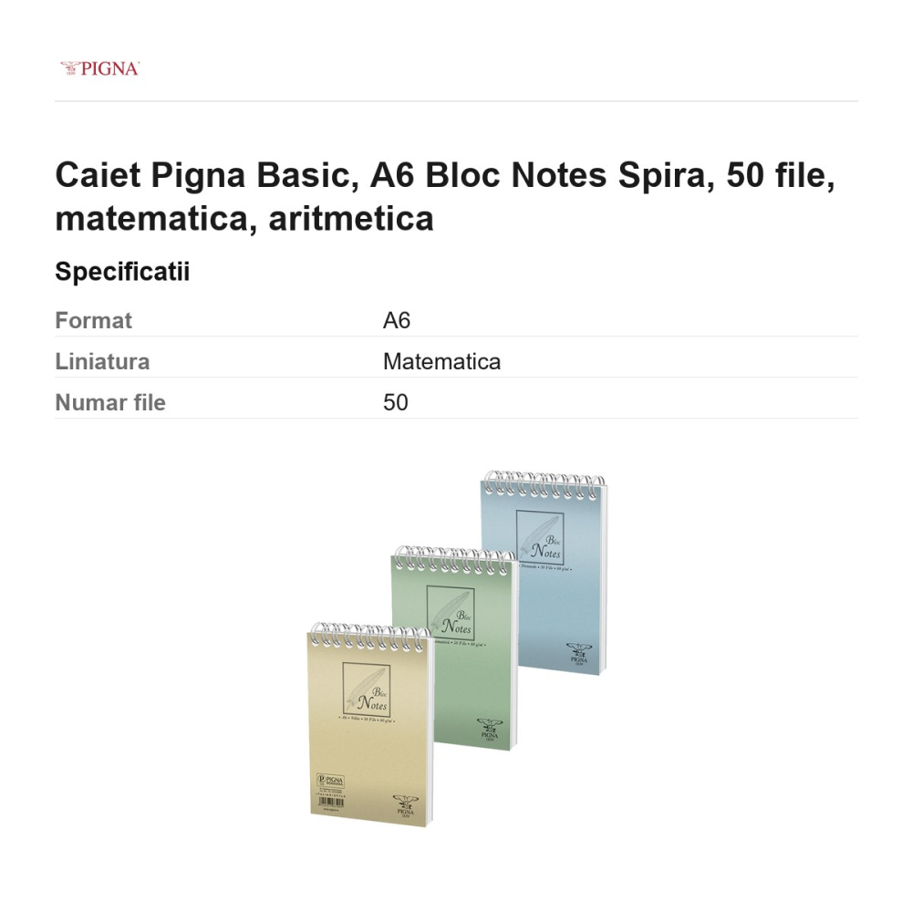 Bloc notes Pigna Basic, A6, 50 file, matematica, spira aritmetica [3]
