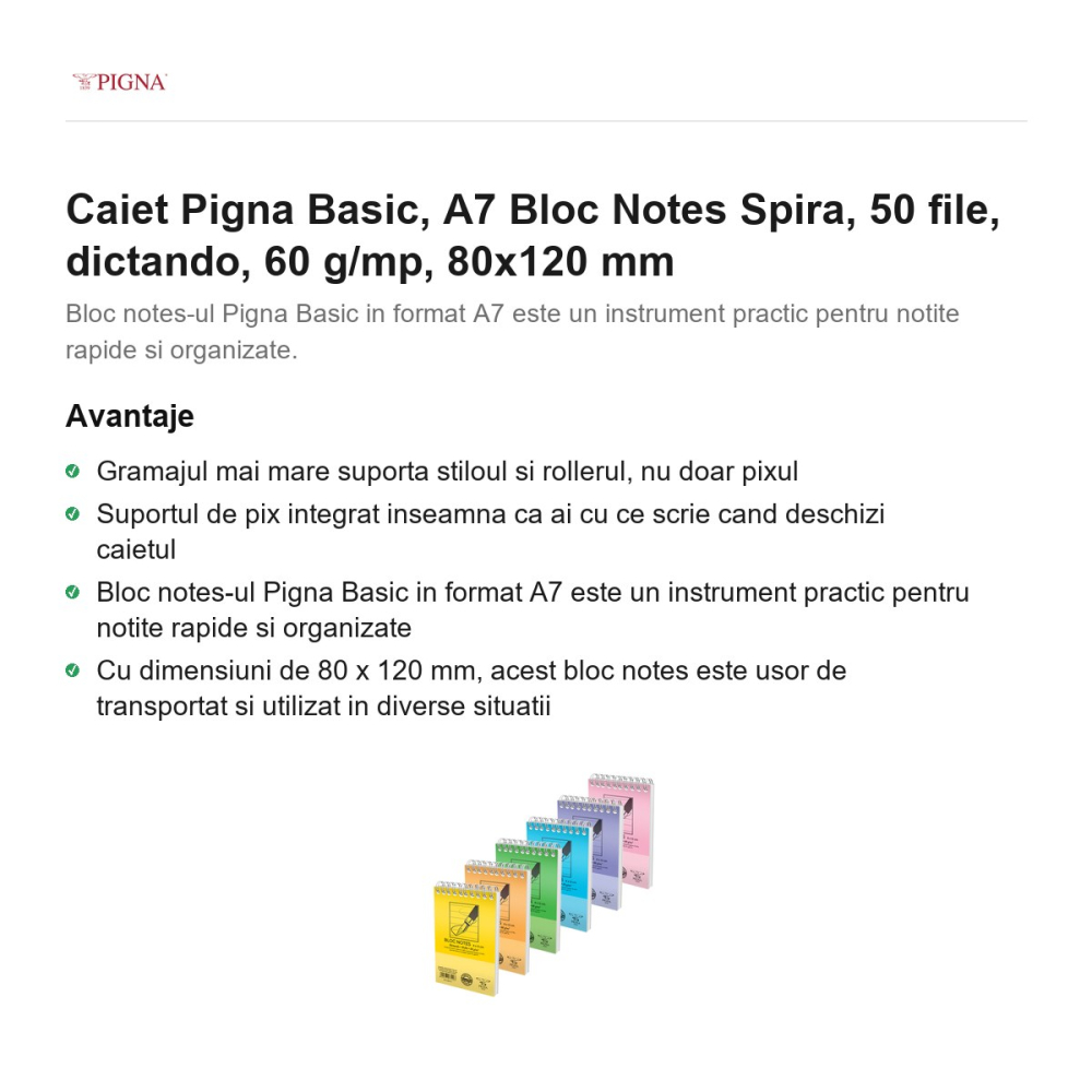Bloc notes Pigna Basic, A7, 50 file, dictando, 60 g/mp, spira, 80x120 mm [2]