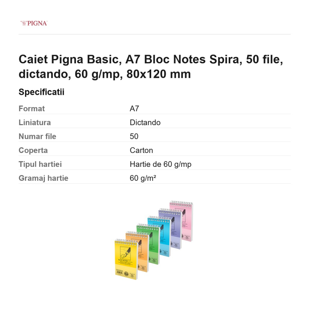 Bloc notes Pigna Basic, A7, 50 file, dictando, 60 g/mp, spira, 80x120 mm [3]