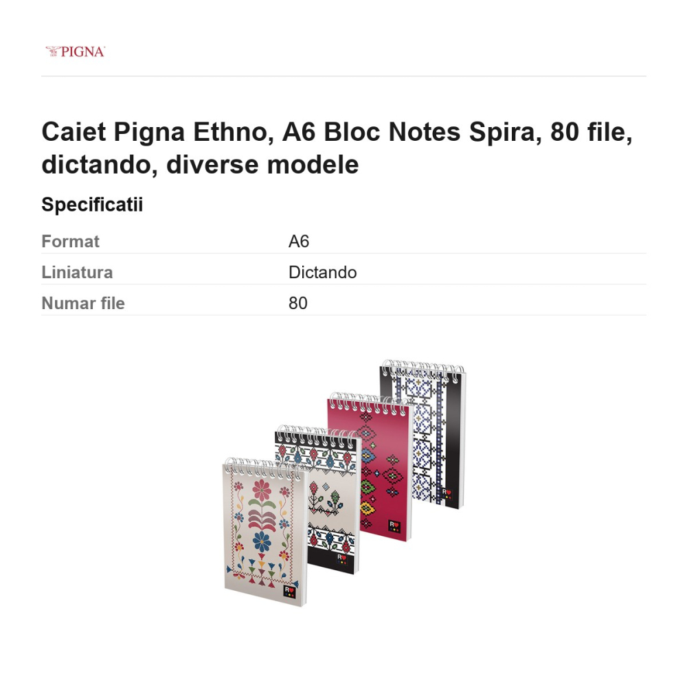Bloc notes Pigna Ethno, A6, 80 file, dictando, spira diverse modele [3]