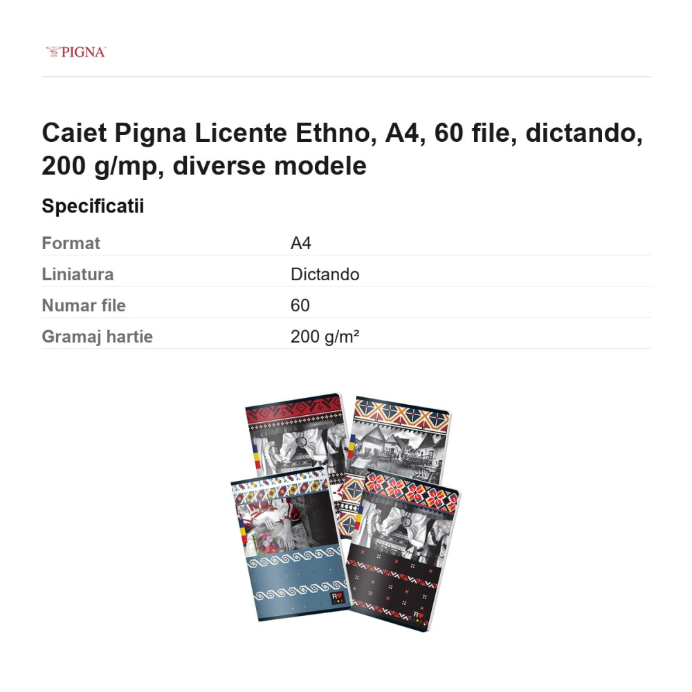 Caiet Pigna Licente Ethno, A4, 60 file, dictando, 200 g/mp, diverse modele [3]