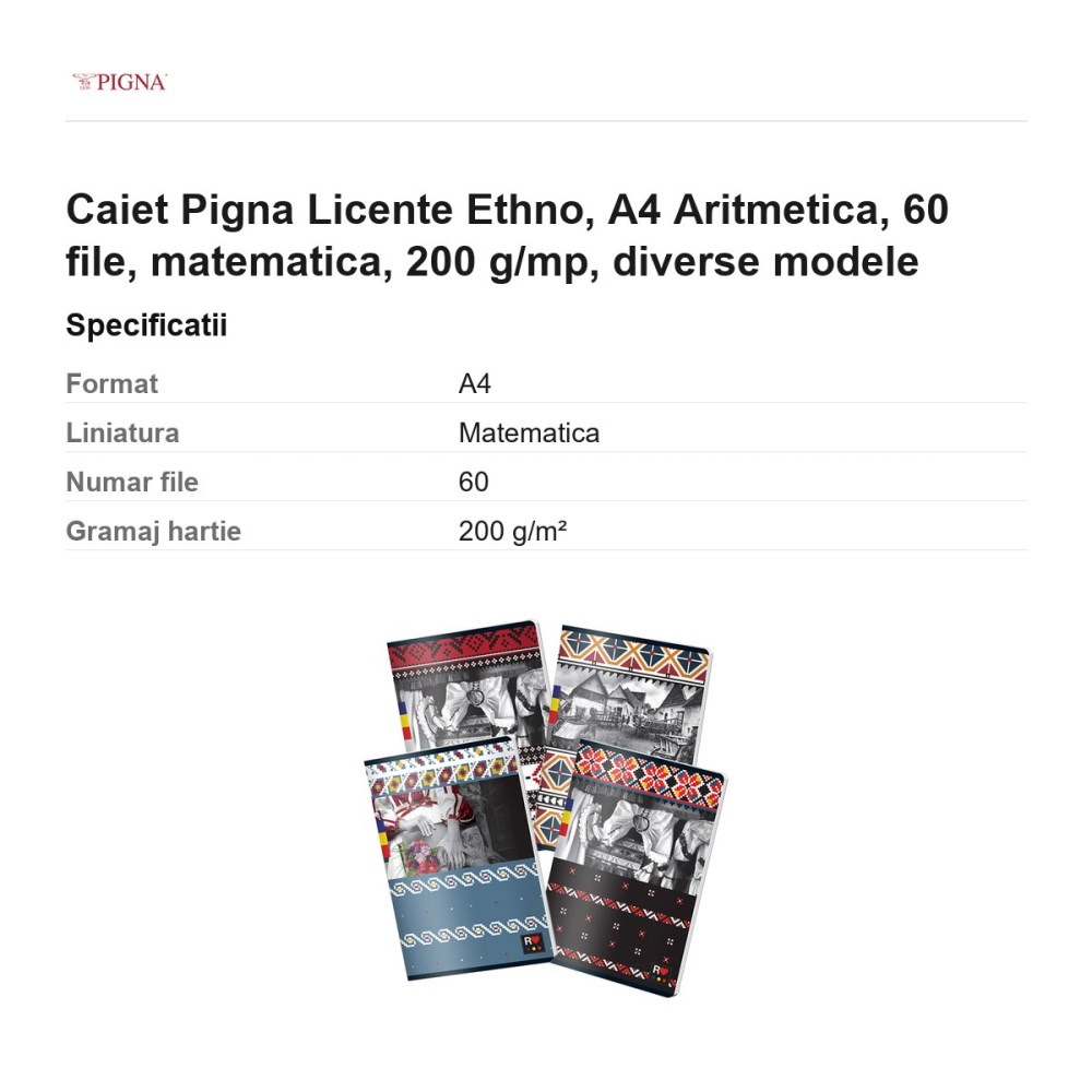 Caiet Pigna Licente Ethno, A4, 60 file, matematica, 200 g/mp, aritmetica diverse modele [3]