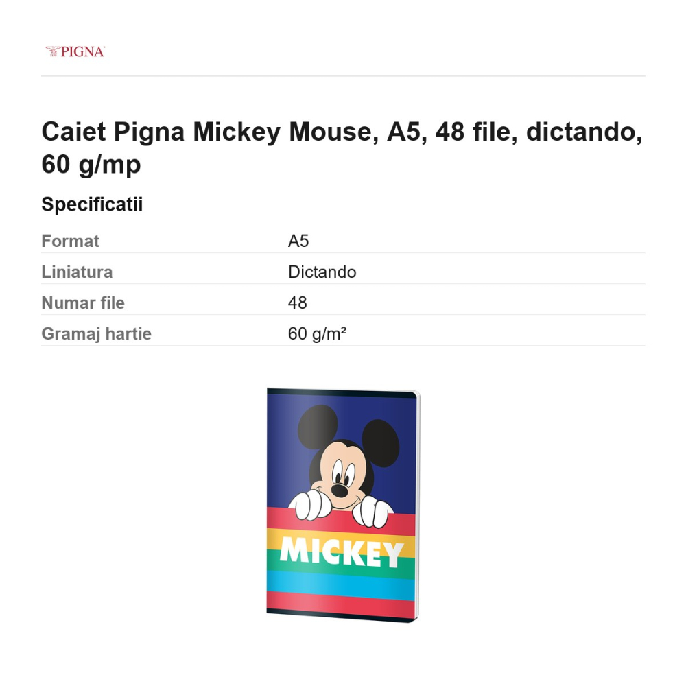 Caiet Pigna Mickey Mouse, A5, 48 file, dictando, 60 g/mp [3]