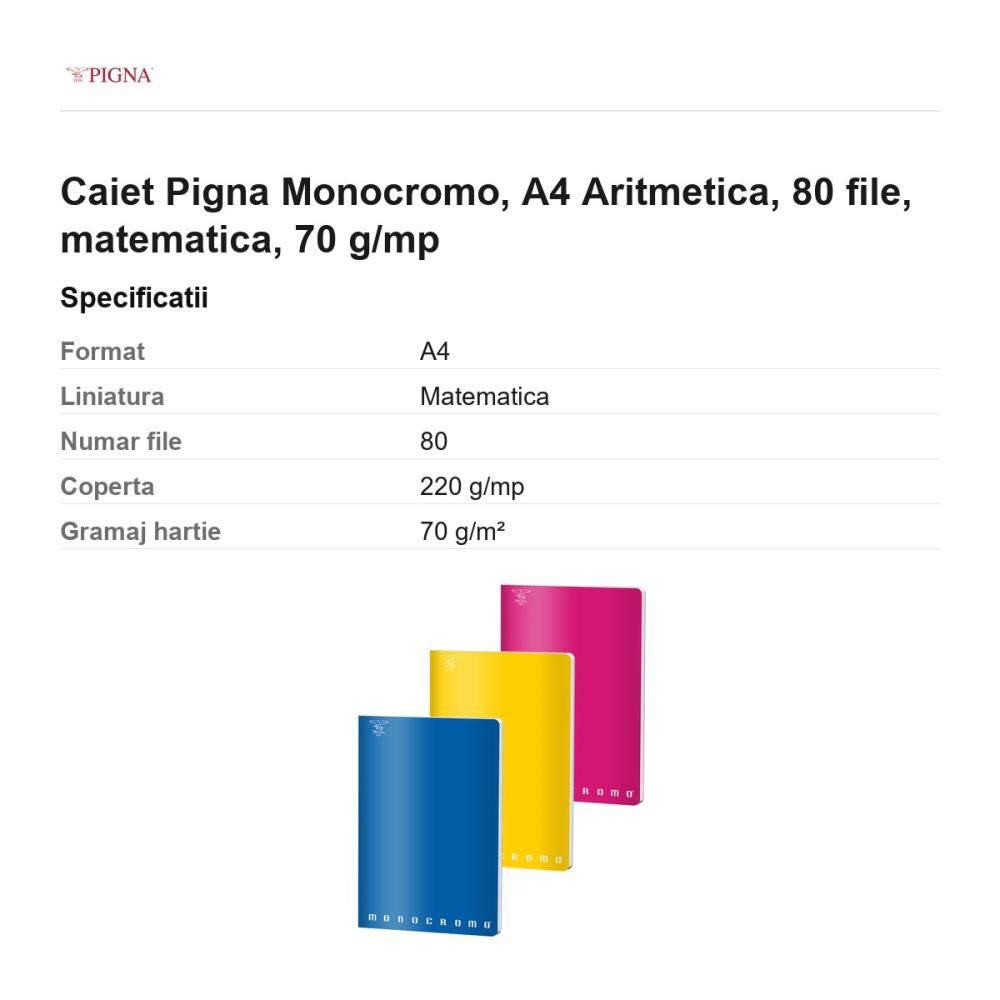 Caiet Pigna Monocromo, A4, 80 file, matematica, 70 g/mp, aritmetica [3]