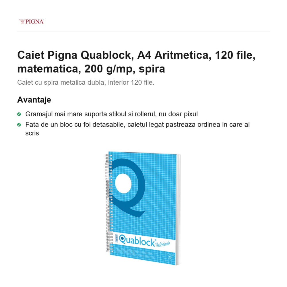 Caiet Pigna Quablock, A4, 120 file, matematica, 200 g/mp, spira aritmetica [2]