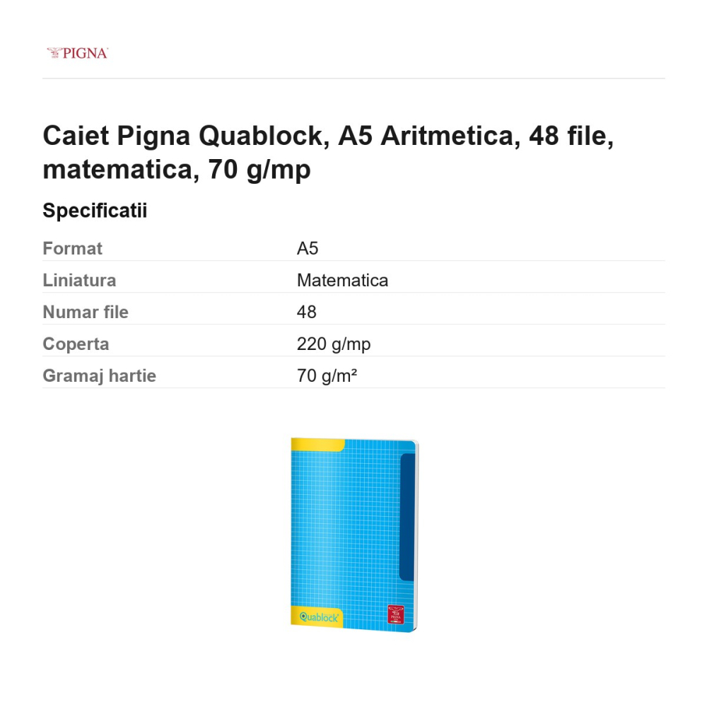 Caiet Pigna Quablock, A5, 48 file, matematica, 70 g/mp, aritmetica [3]