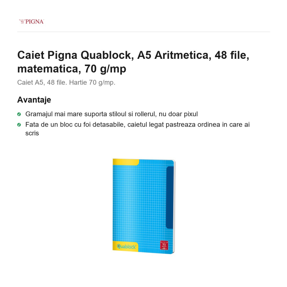 Caiet Pigna Quablock, A5, 48 file, matematica, 70 g/mp, aritmetica [2]