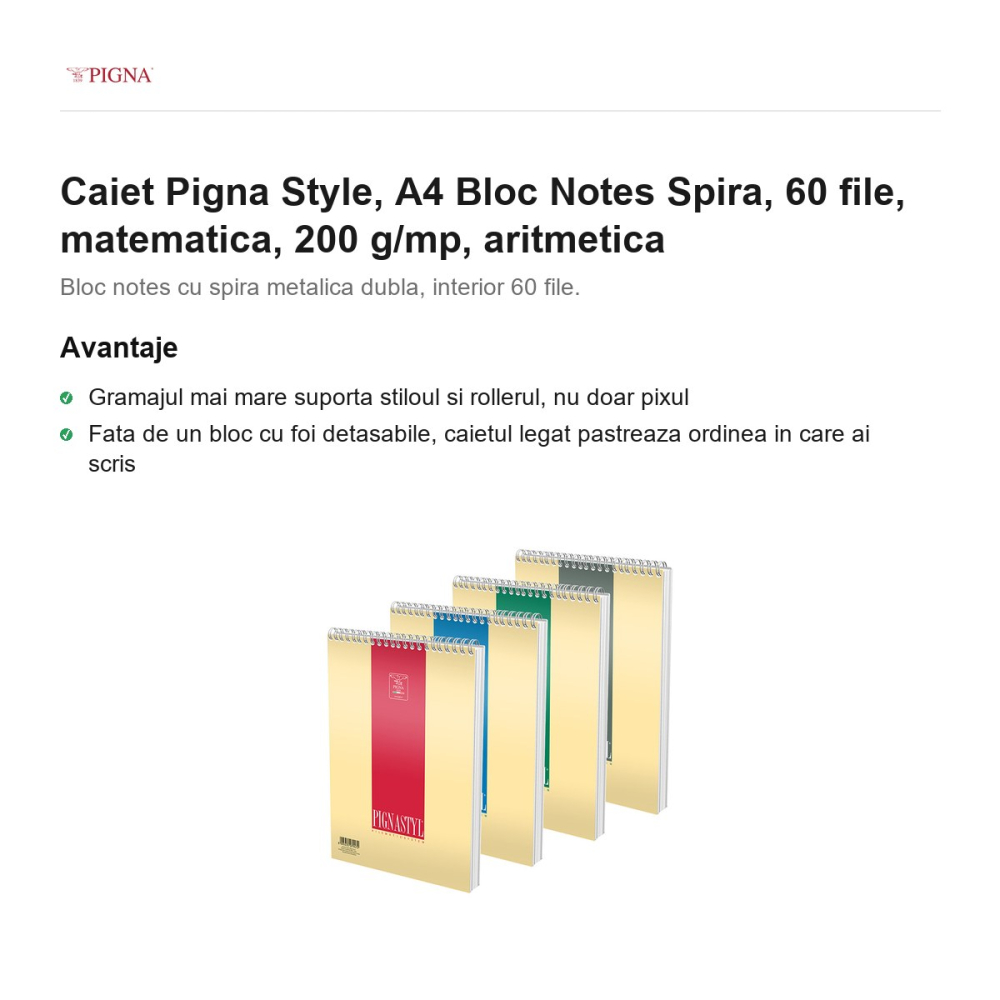 Bloc notes Pigna Style, A4, 60 file, matematica, 200 g/mp, spira aritmetica [2]