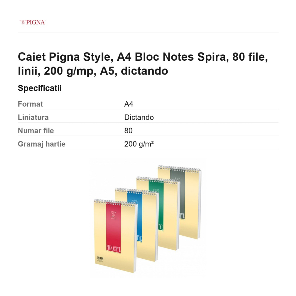 Bloc notes Pigna Style, A4, 80 file, linii, 200 g/mp, spira A5, dictando [3]