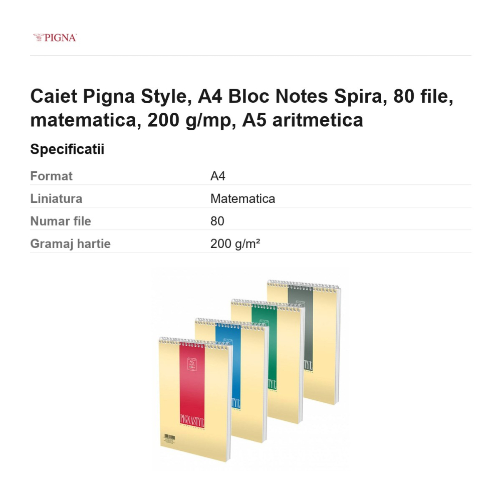 Bloc notes Pigna Style, A4, 80 file, matematica, 200 g/mp, spira A5 aritmetica [3]