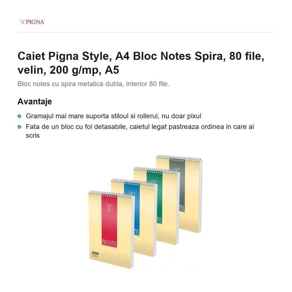 Bloc notes Pigna Style, A4, 80 file, velin, 200 g/mp, spira A5 [2]