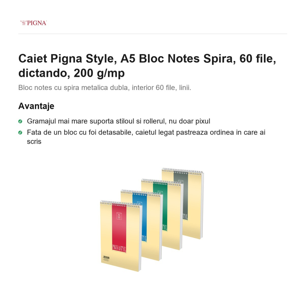 Bloc notes Pigna Style, A5, 60 file, dictando, 200 g/mp, spira [2]