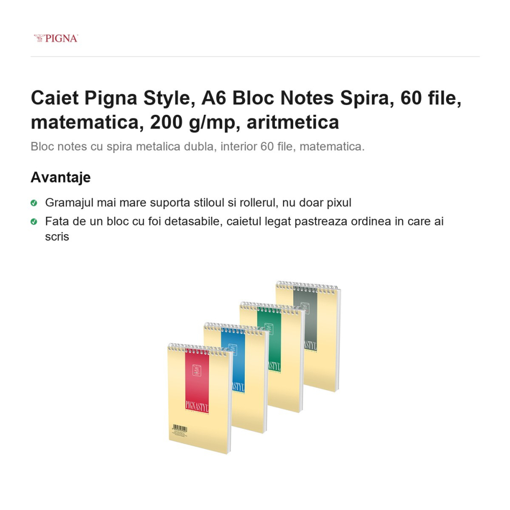 Bloc notes Pigna Style, A6, 60 file, matematica, 200 g/mp, spira aritmetica [2]