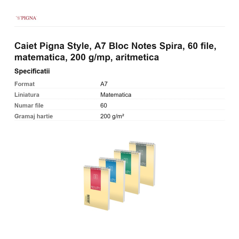 Bloc notes Pigna Style, A7, 60 file, matematica, 200 g/mp, spira aritmetica [3]