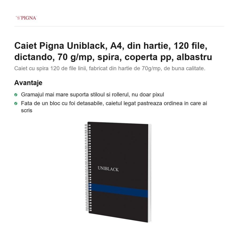 Caiet Pigna Uniblack, A4, 120 file, dictando, 70 g/mp, spira, coperta pp, albastru [2]