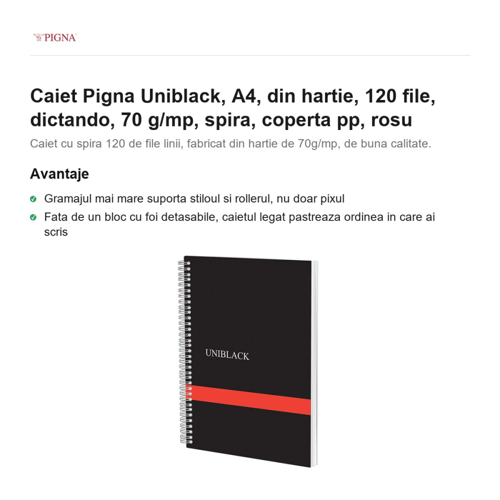 Caiet Pigna Uniblack, A4, 120 file, dictando, 70 g/mp, spira, coperta pp, rosu [2]