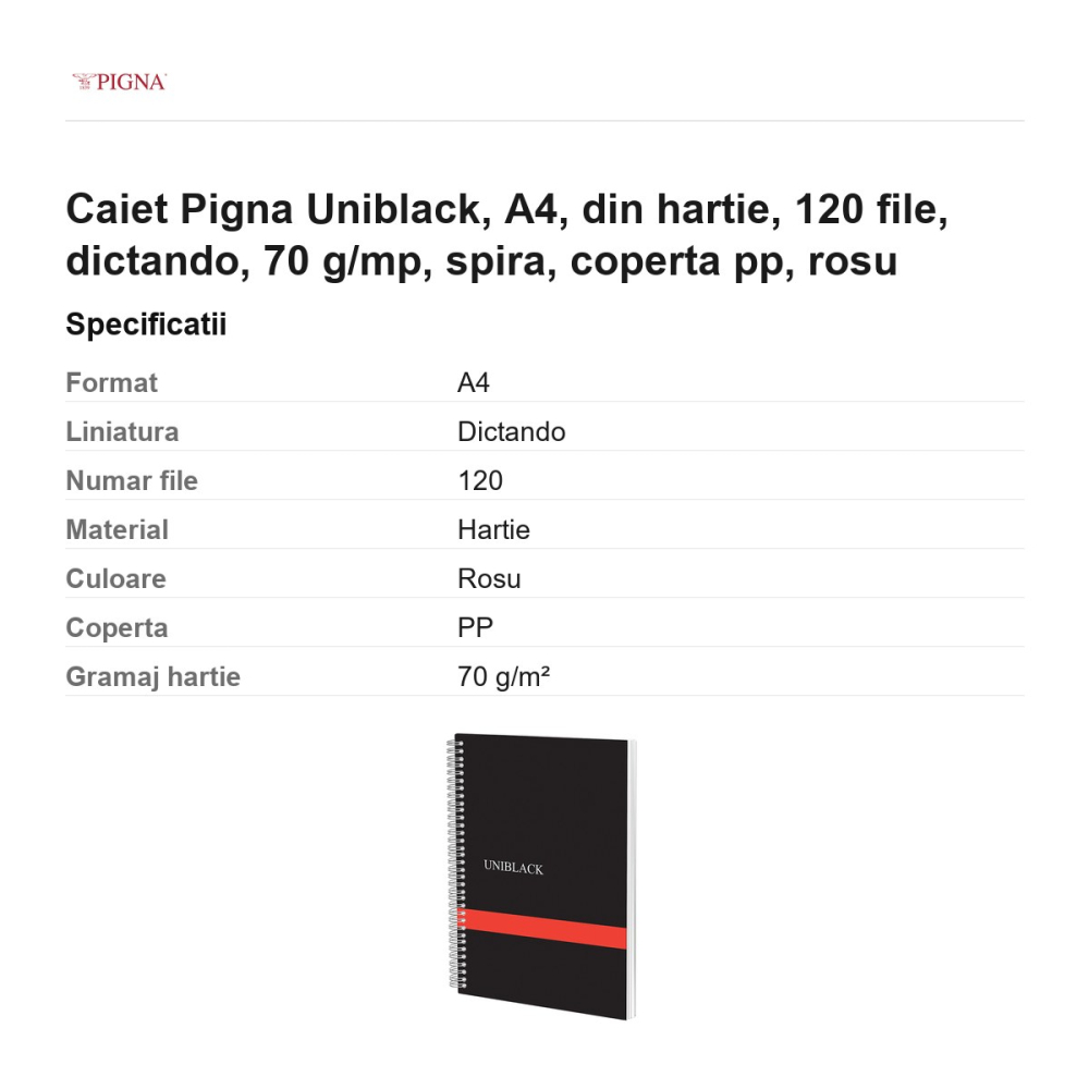 Caiet Pigna Uniblack, A4, 120 file, dictando, 70 g/mp, spira, coperta pp, rosu [3]