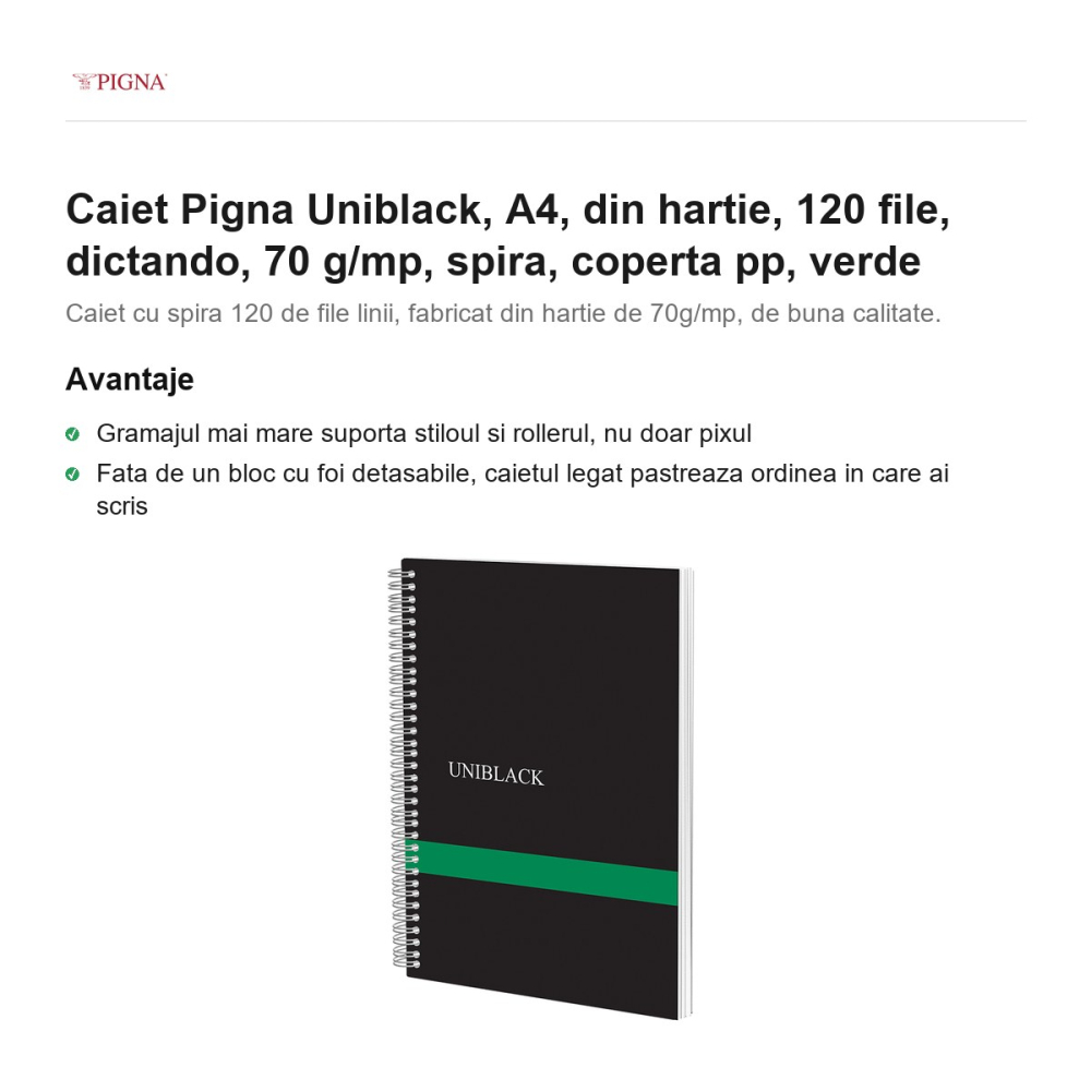 Caiet Pigna Uniblack, A4, 120 file, dictando, 70 g/mp, spira, coperta pp, verde [2]