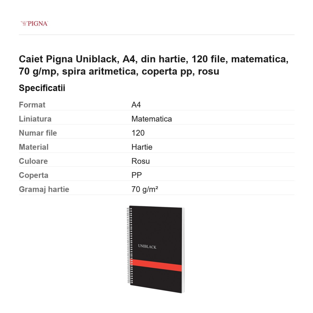 Caiet Pigna Uniblack, A4, 120 file, matematica, 70 g/mp, spira aritmetica, coperta pp, rosu [3]