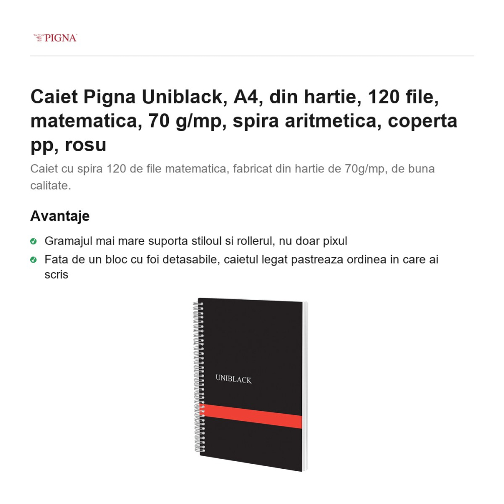 Caiet Pigna Uniblack, A4, 120 file, matematica, 70 g/mp, spira aritmetica, coperta pp, rosu [2]
