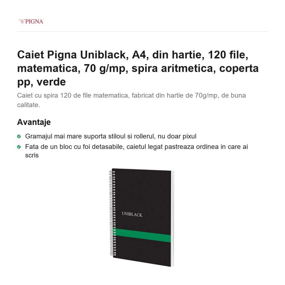 Caiet Pigna Uniblack, A4, 120 file, matematica, 70 g/mp, spira aritmetica, coperta pp, verde [2]