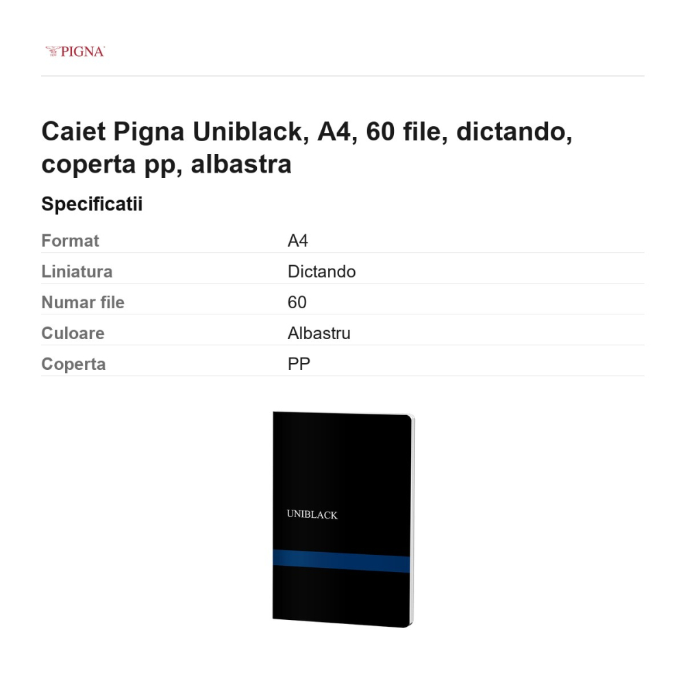 Caiet Pigna Uniblack, A4, 60 file, dictando, coperta pp, albastra [3]