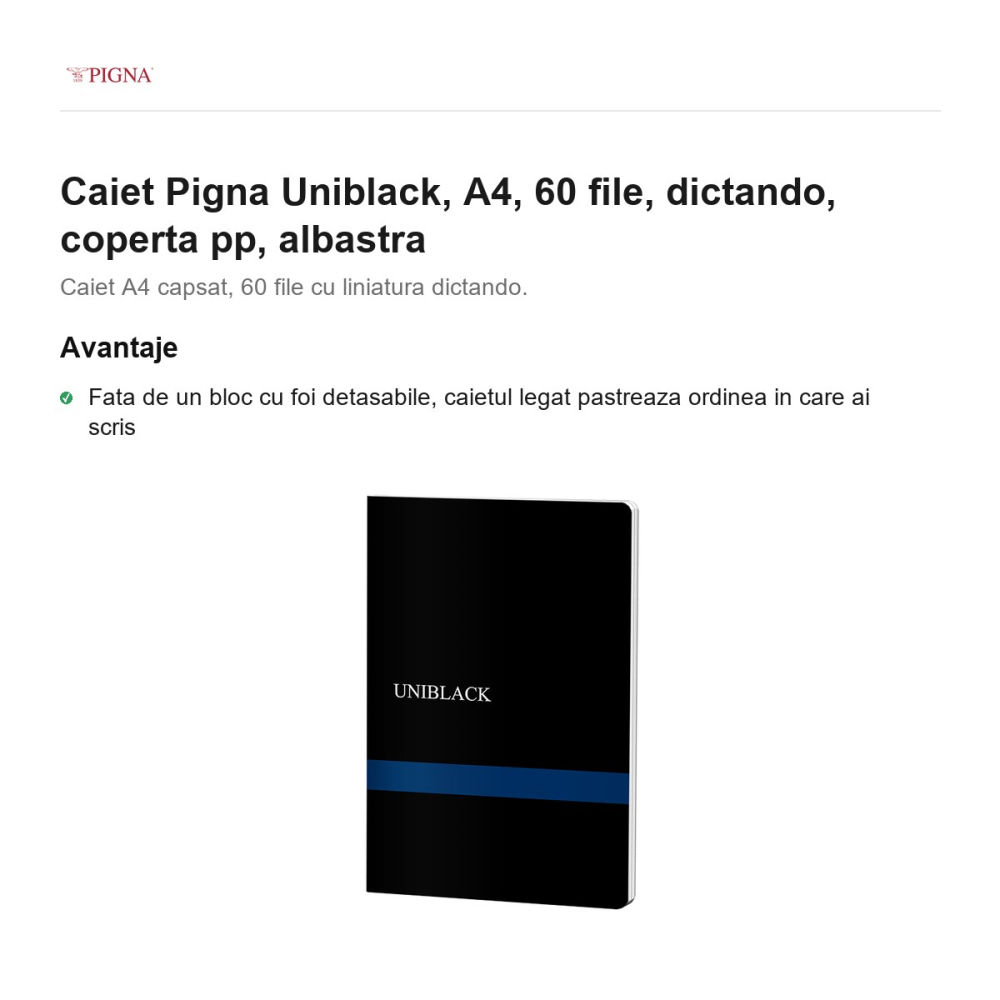 Caiet Pigna Uniblack, A4, 60 file, dictando, coperta pp, albastra [2]