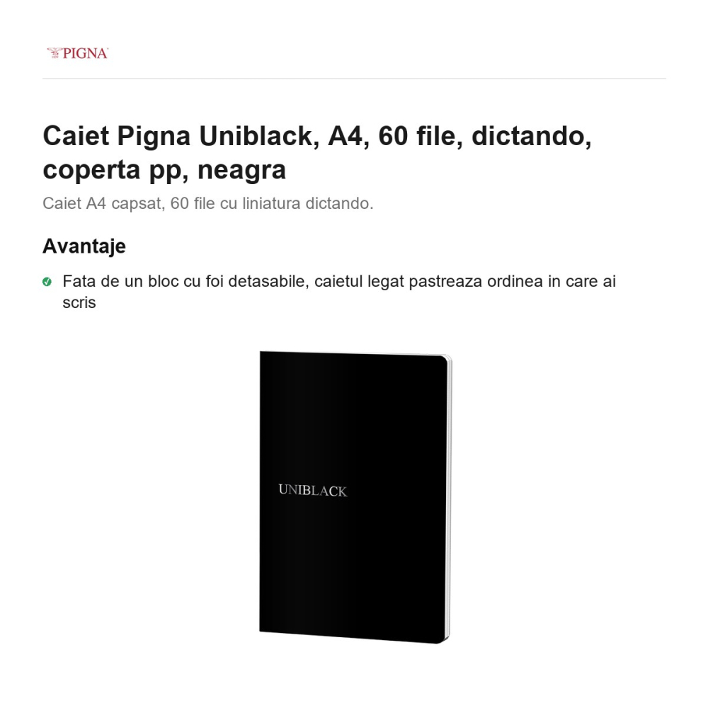 Caiet Pigna Uniblack, A4, 60 file, dictando, coperta pp, neagra [2]