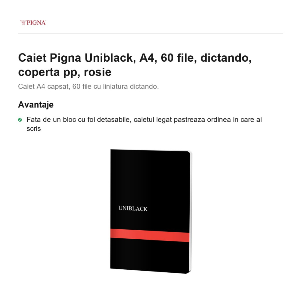Caiet Pigna Uniblack, A4, 60 file, dictando, coperta pp, rosie [2]