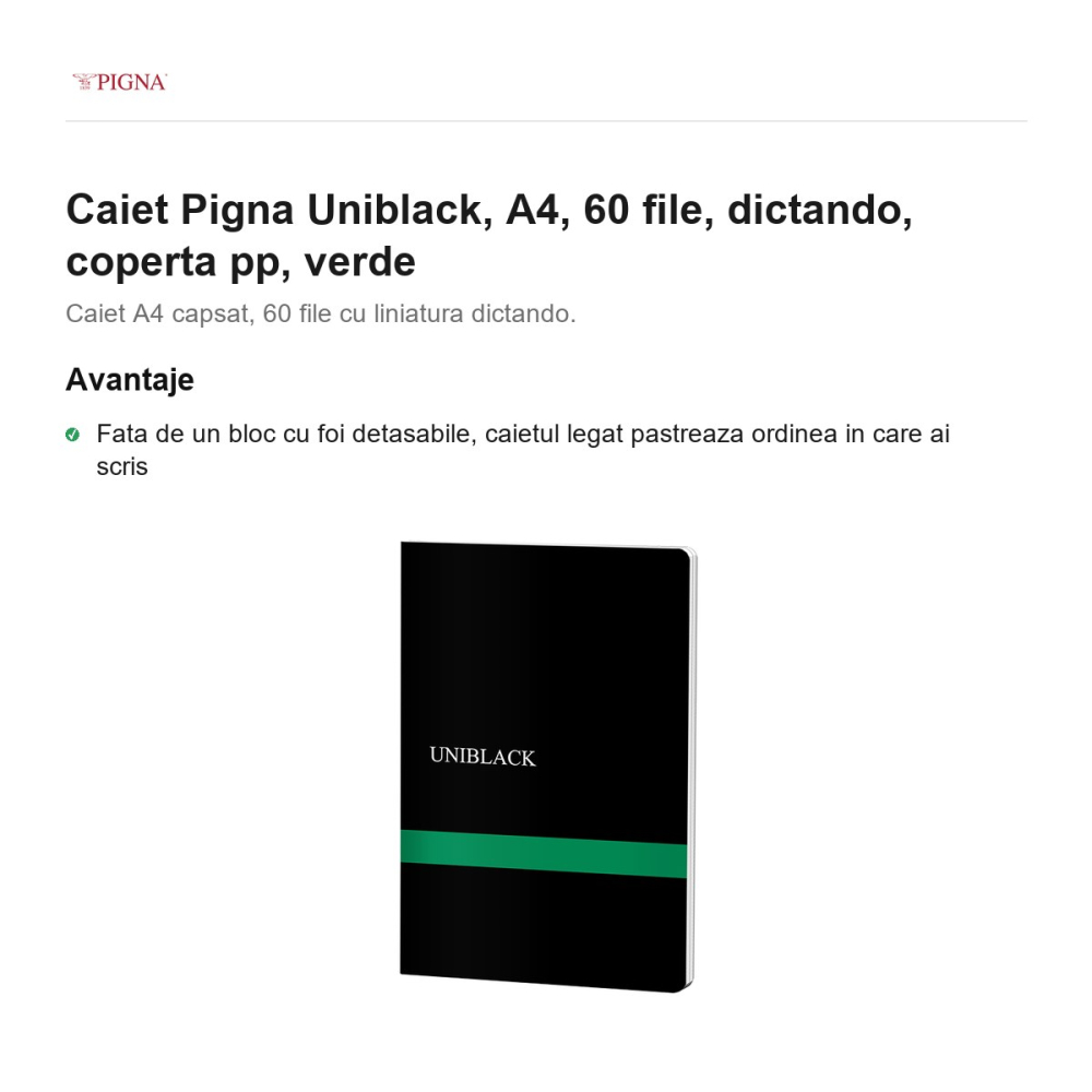 Caiet Pigna Uniblack, A4, 60 file, dictando, coperta pp, verde [2]