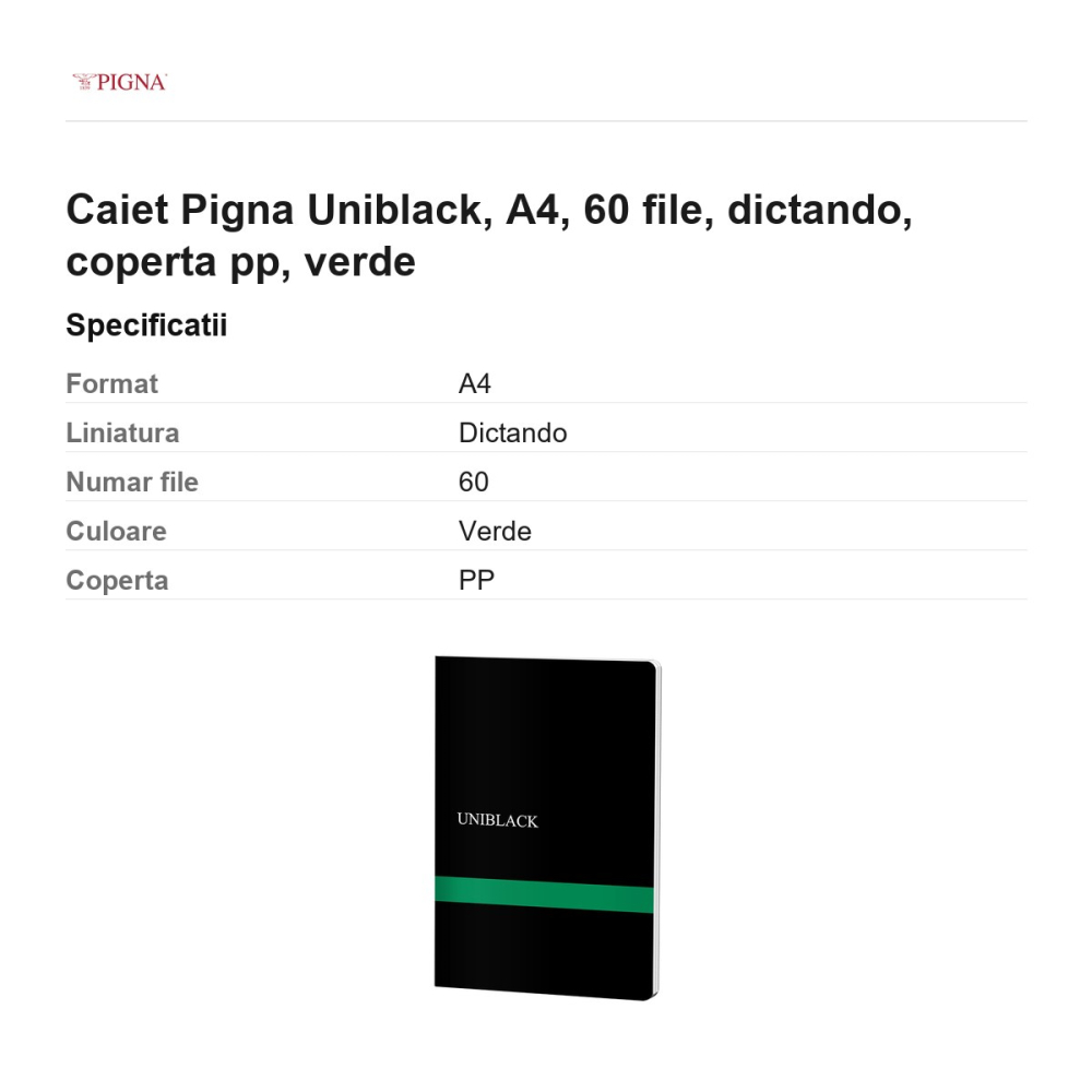 Caiet Pigna Uniblack, A4, 60 file, dictando, coperta pp, verde [3]