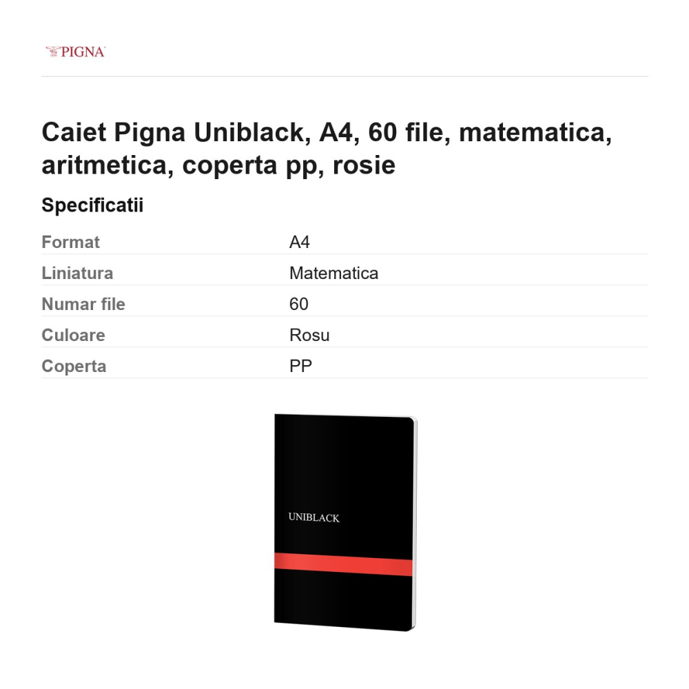 Caiet Pigna Uniblack, A4, 60 file, matematica, aritmetica, coperta pp, rosie [3]