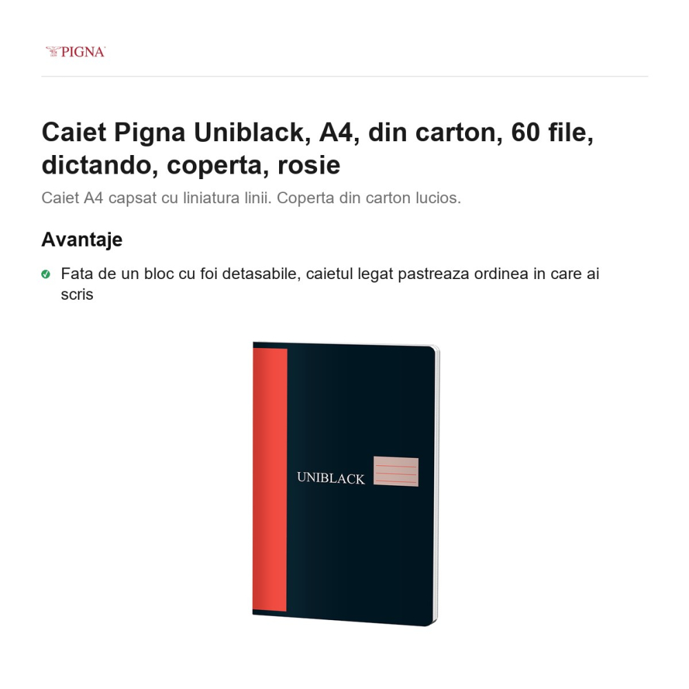Caiet Pigna Uniblack, A4, din carton, 60 file, dictando, coperta, rosie [2]