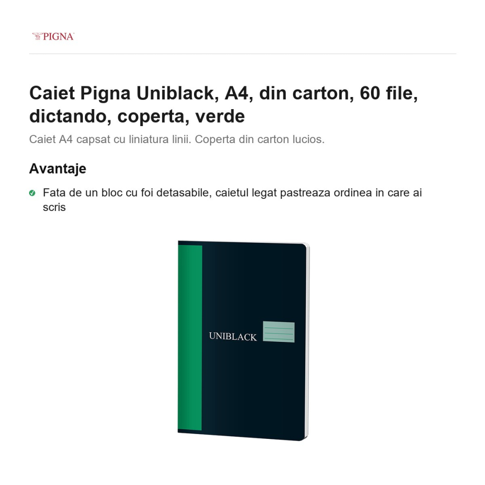 Caiet Pigna Uniblack, A4, din carton, 60 file, dictando, coperta, verde [2]