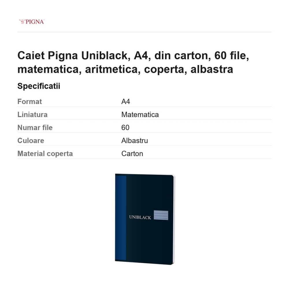 Caiet Pigna Uniblack, A4, din carton, 60 file, matematica, aritmetica, coperta, albastra [3]