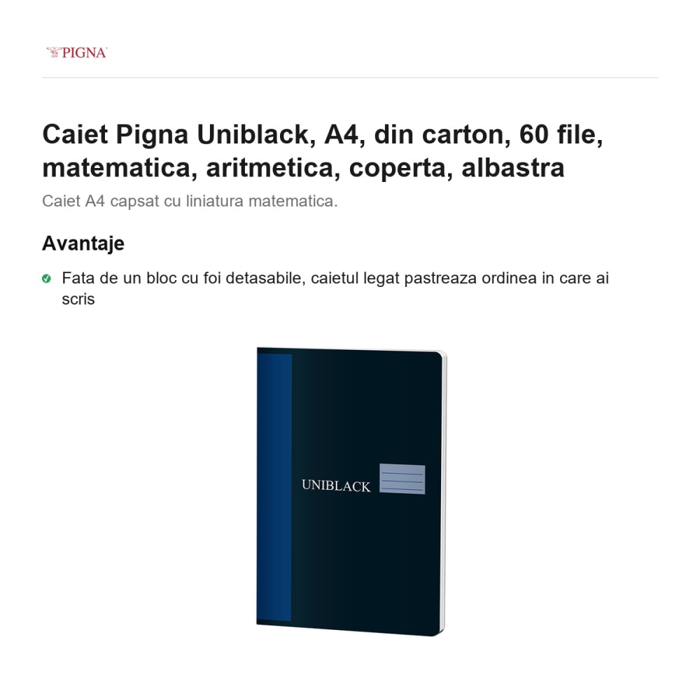 Caiet Pigna Uniblack, A4, din carton, 60 file, matematica, aritmetica, coperta, albastra [2]