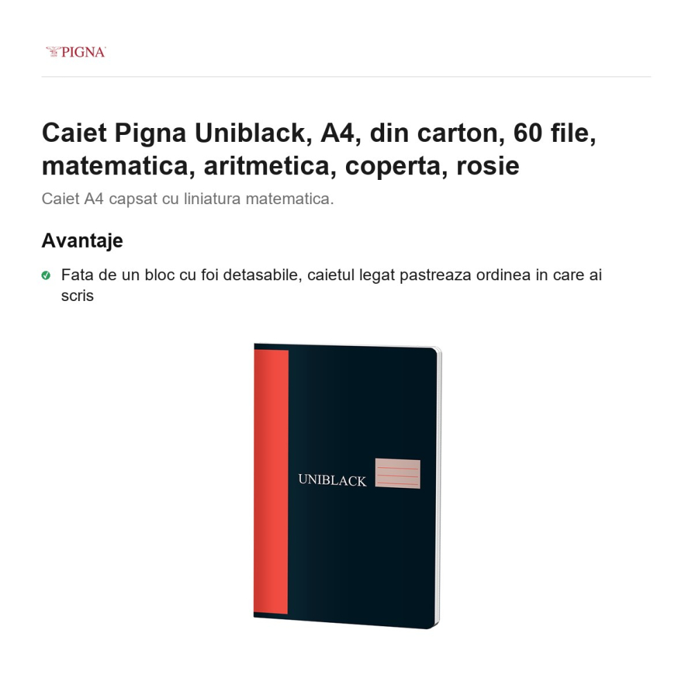 Caiet Pigna Uniblack, A4, din carton, 60 file, matematica, aritmetica, coperta, rosie [2]