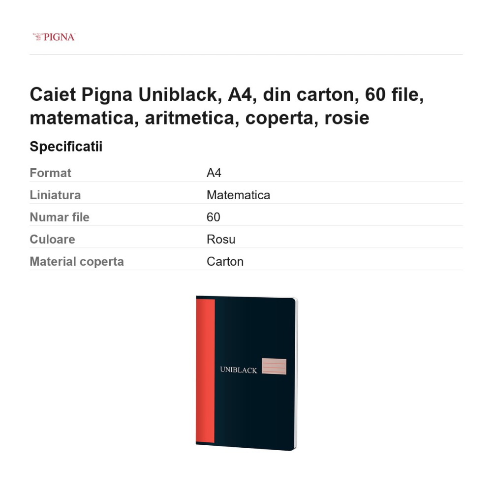 Caiet Pigna Uniblack, A4, din carton, 60 file, matematica, aritmetica, coperta, rosie [3]