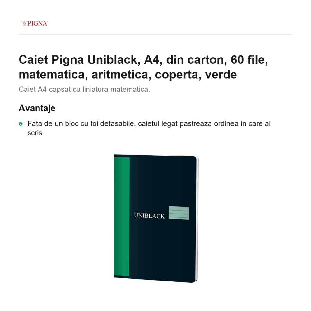 Caiet Pigna Uniblack, A4, din carton, 60 file, matematica, aritmetica, coperta, verde [2]