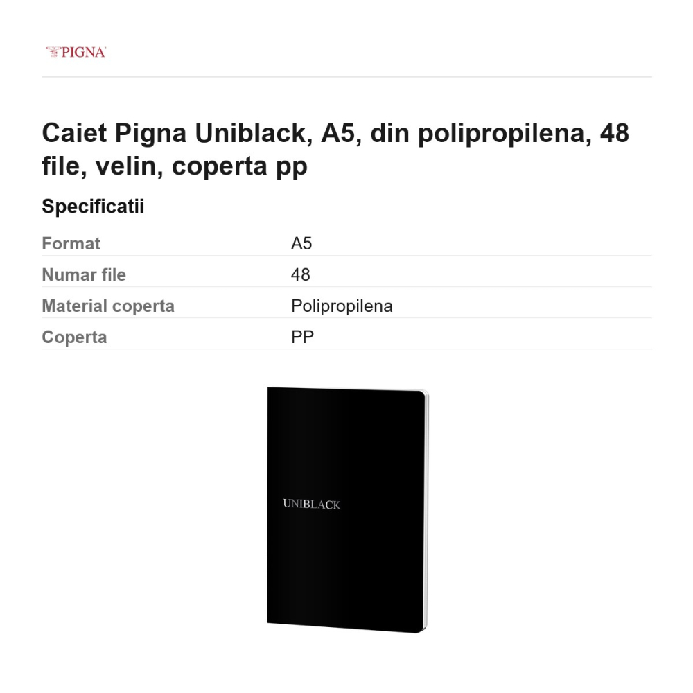 Caiet Pigna Uniblack, A5, din polipropilena, 48 file, velin, coperta pp [3]