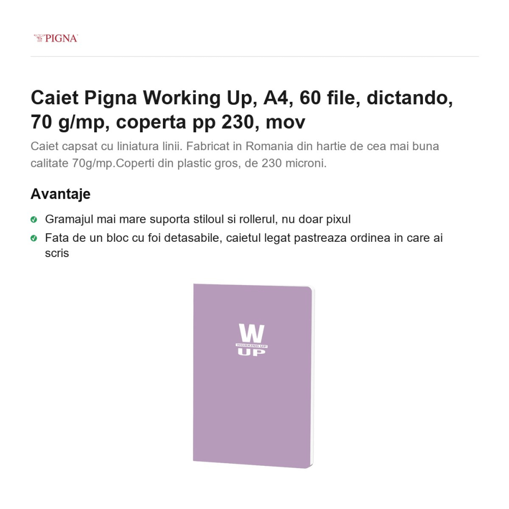 Caiet Pigna Working Up, A4, 60 file, dictando, 70 g/mp, coperta pp 230, mov [2]