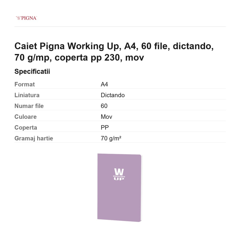 Caiet Pigna Working Up, A4, 60 file, dictando, 70 g/mp, coperta pp 230, mov [3]