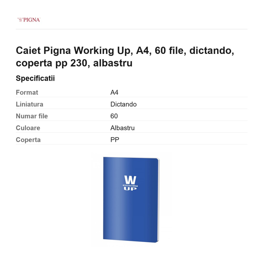 Caiet Pigna Working Up, A4, 60 file, dictando, coperta pp 230, albastru [3]