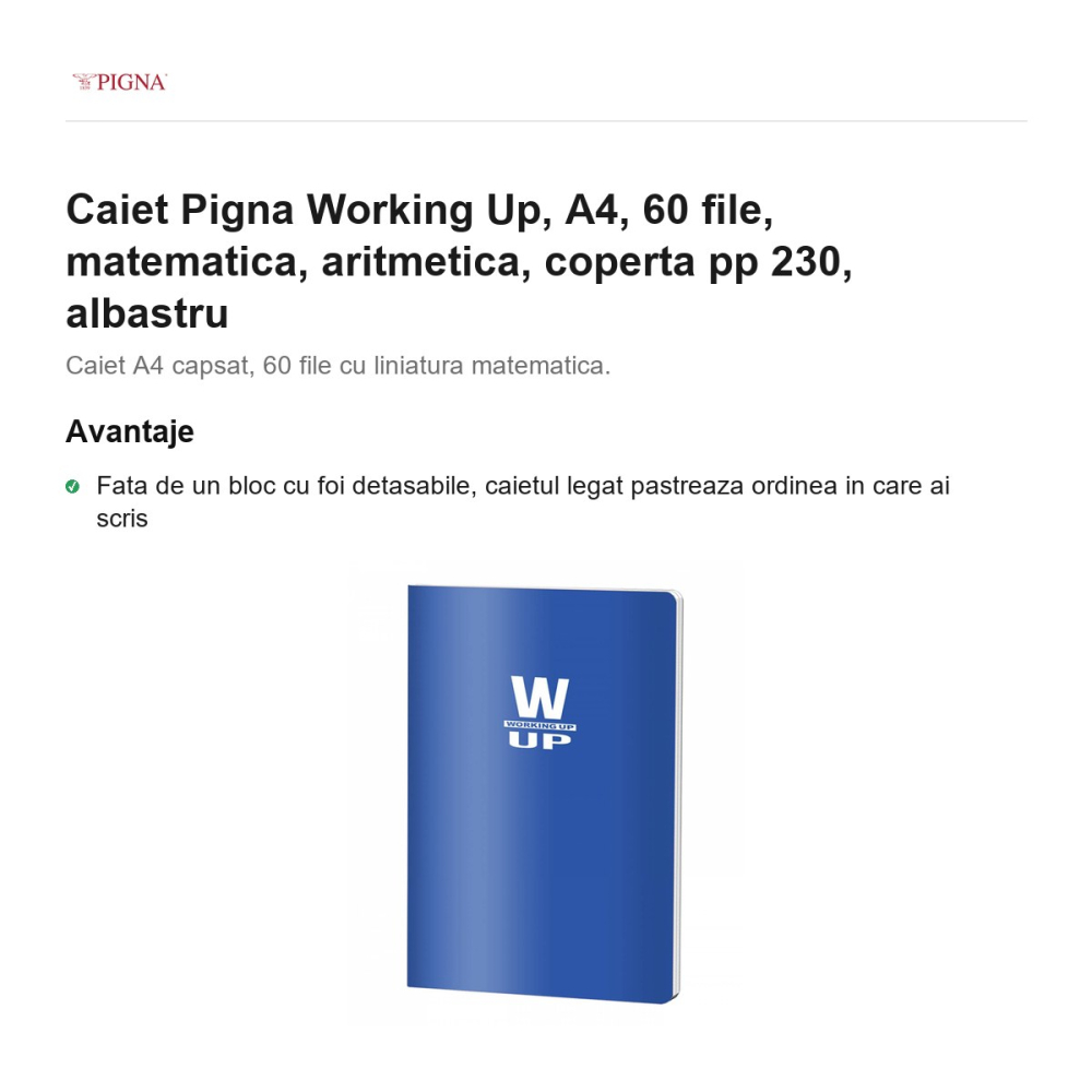 Caiet Pigna Working Up, A4, 60 file, matematica, aritmetica, coperta pp 230, albastru [2]