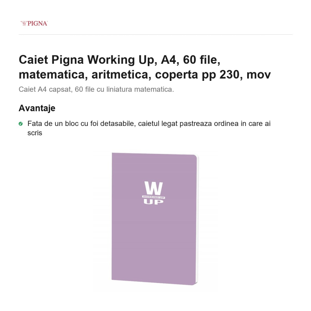 Caiet Pigna Working Up, A4, 60 file, matematica, aritmetica, coperta pp 230, mov [2]