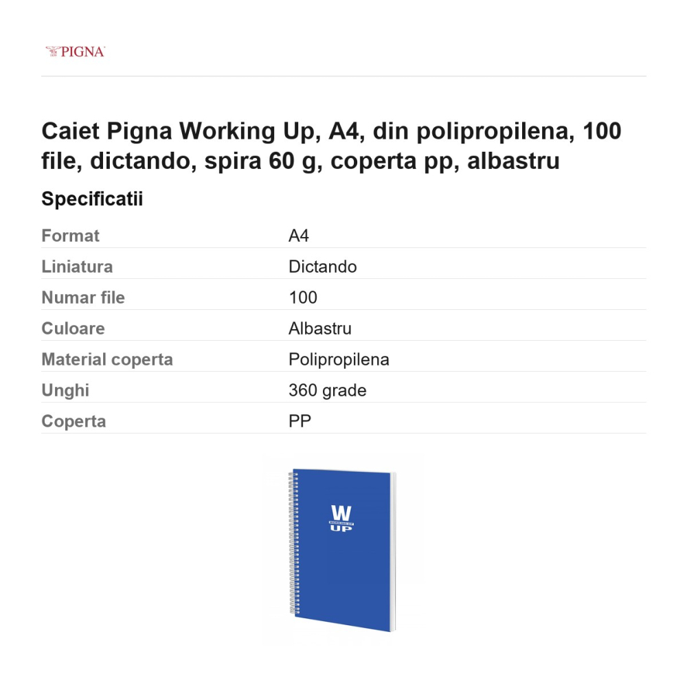 Caiet Pigna Working Up, A4, din polipropilena, 100 file, dictando, spira 60 g, coperta pp, albastru [3]