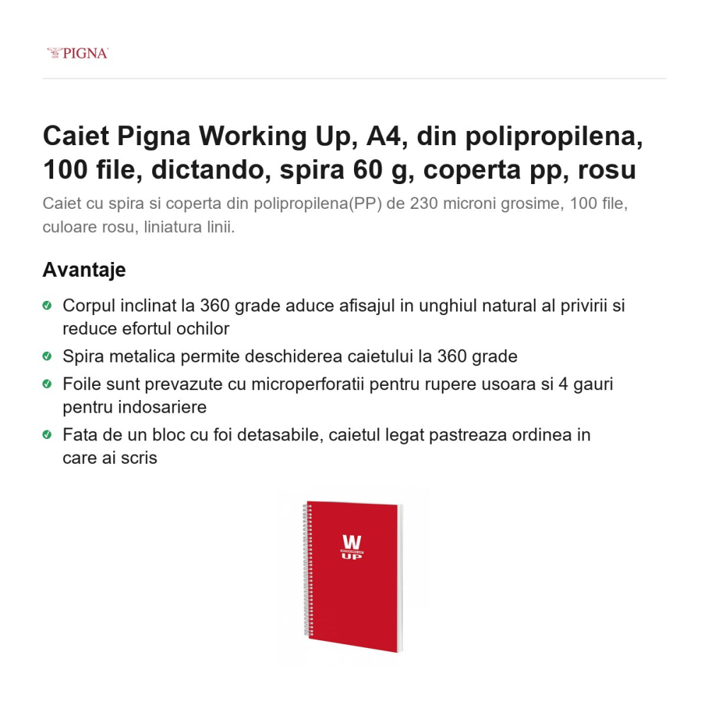 Caiet Pigna Working Up, A4, din polipropilena, 100 file, dictando, spira 60 g, coperta pp, rosu [2]
