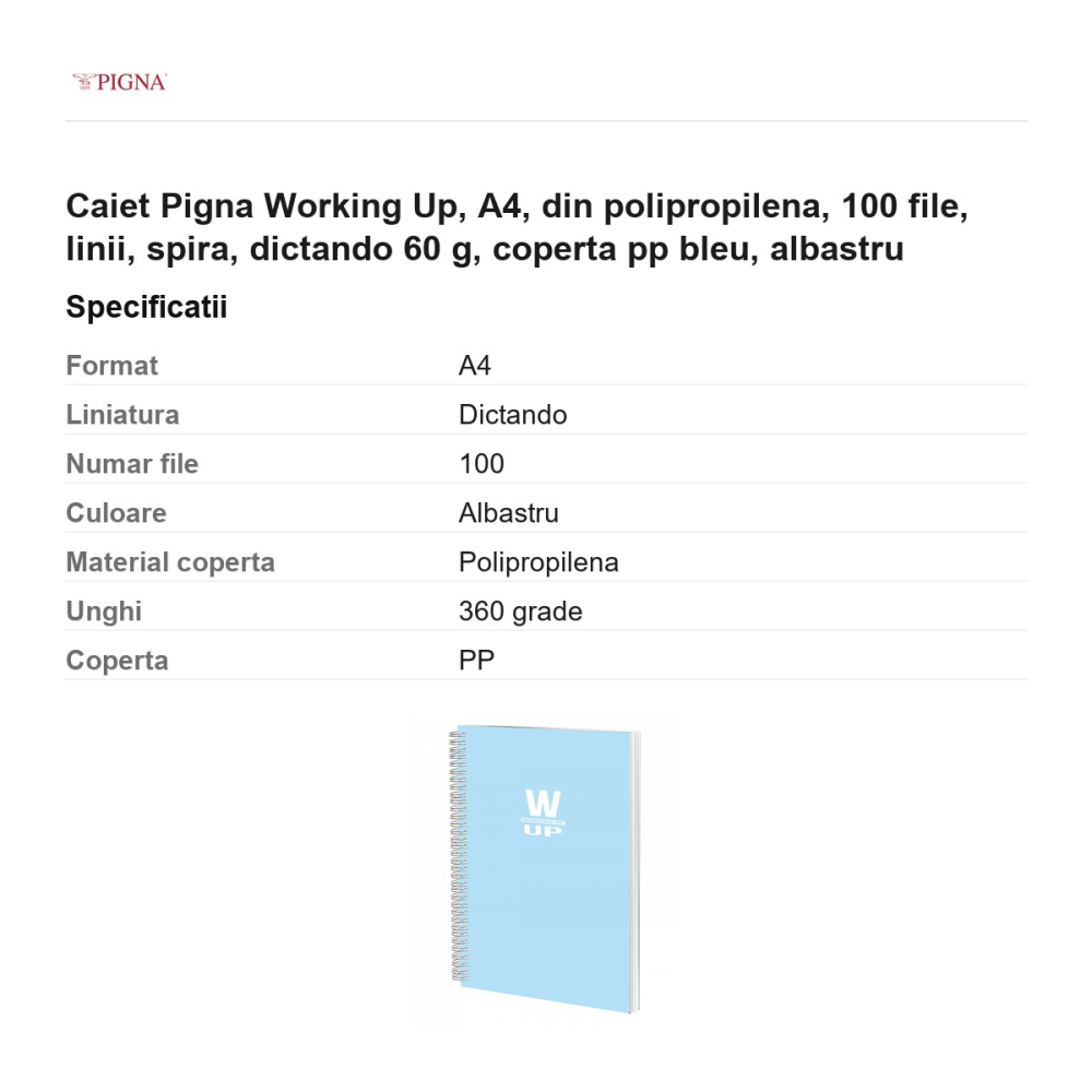 Caiet Pigna Working Up, A4, din polipropilena, 100 file, linii, spira, dictando 60 g, coperta pp bleu, albastru [3]